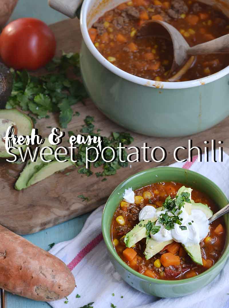 This sweet potato chili recipe is hearty, cozy, fresh, and simple. Easy to make and gets on the table quickly.