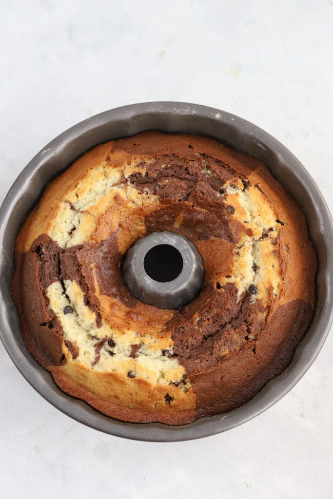 Chocolate Marble bundt cake right out of the oven.