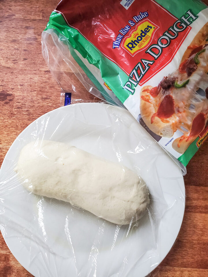 Rhodes Pizza Dough thawing on the counter