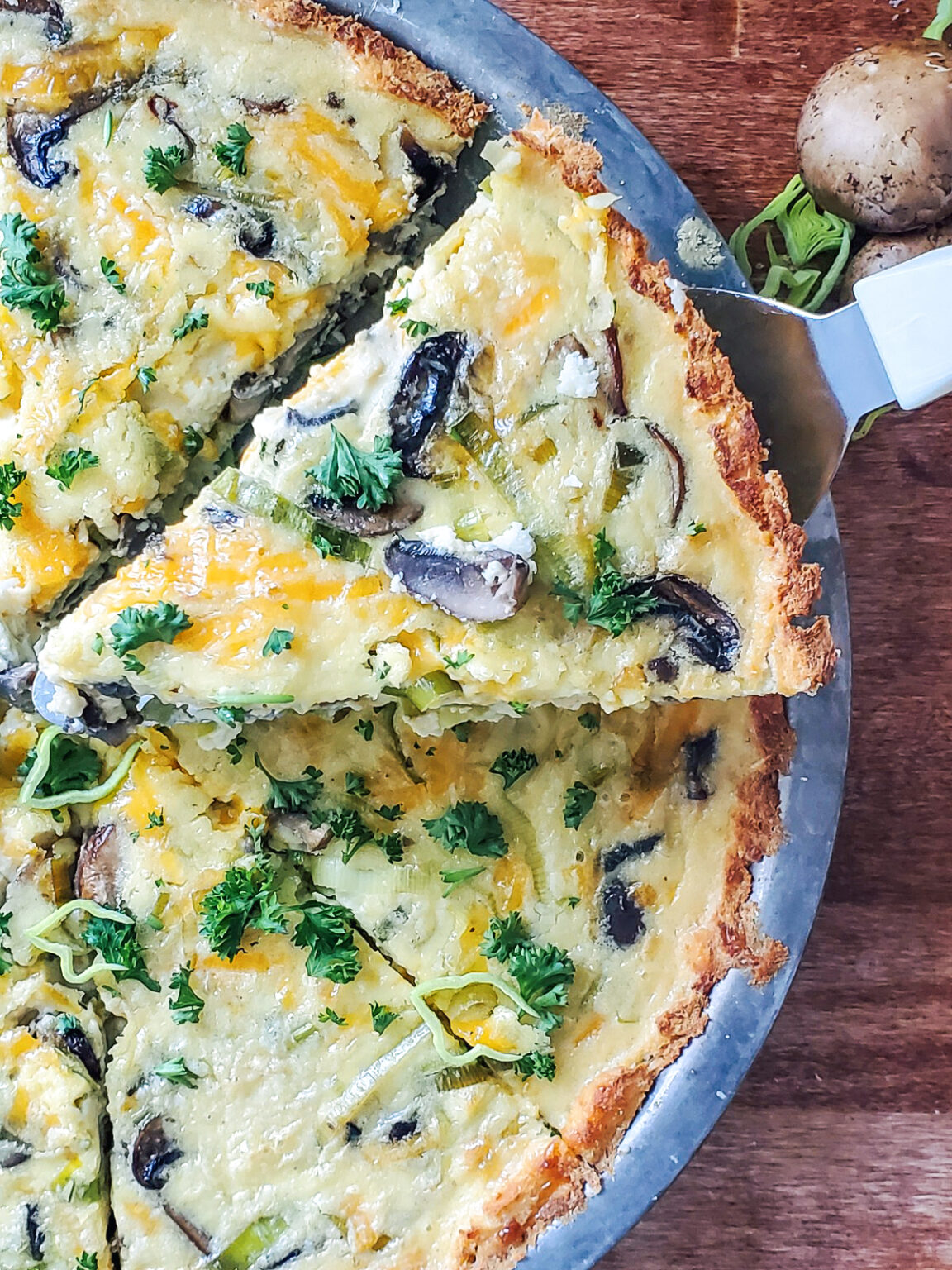 Mushroom and Leek Quiche recipe with optional Cauliflower Crust